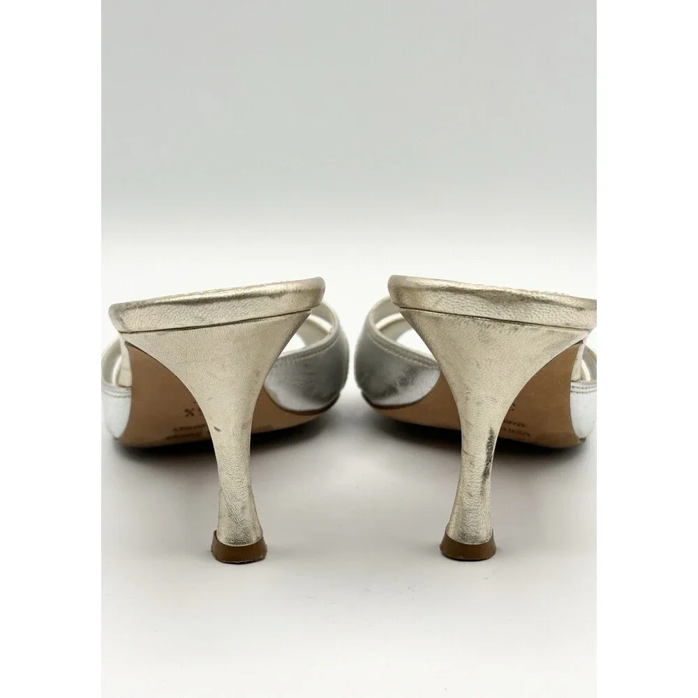 Manolo Blahnik Silver & Gold Metallic Kitten Heel Mules Vintage Size EU 35.5